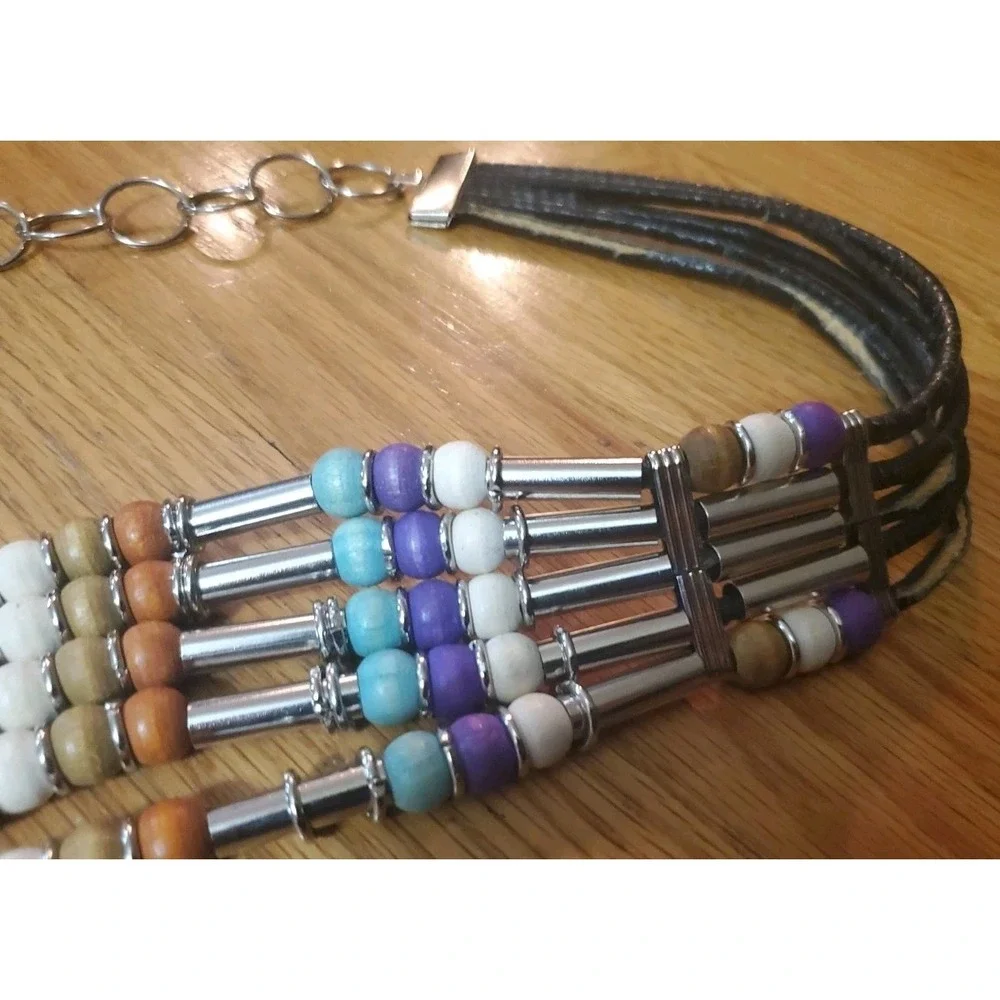 Black Leather &‎ Multi Color Wood and Plastic Beads Chain Belt Boho Hippie